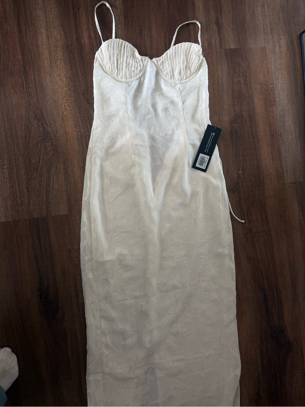 White Fox Boutique Cream Strapless Embroidered Slip Dress